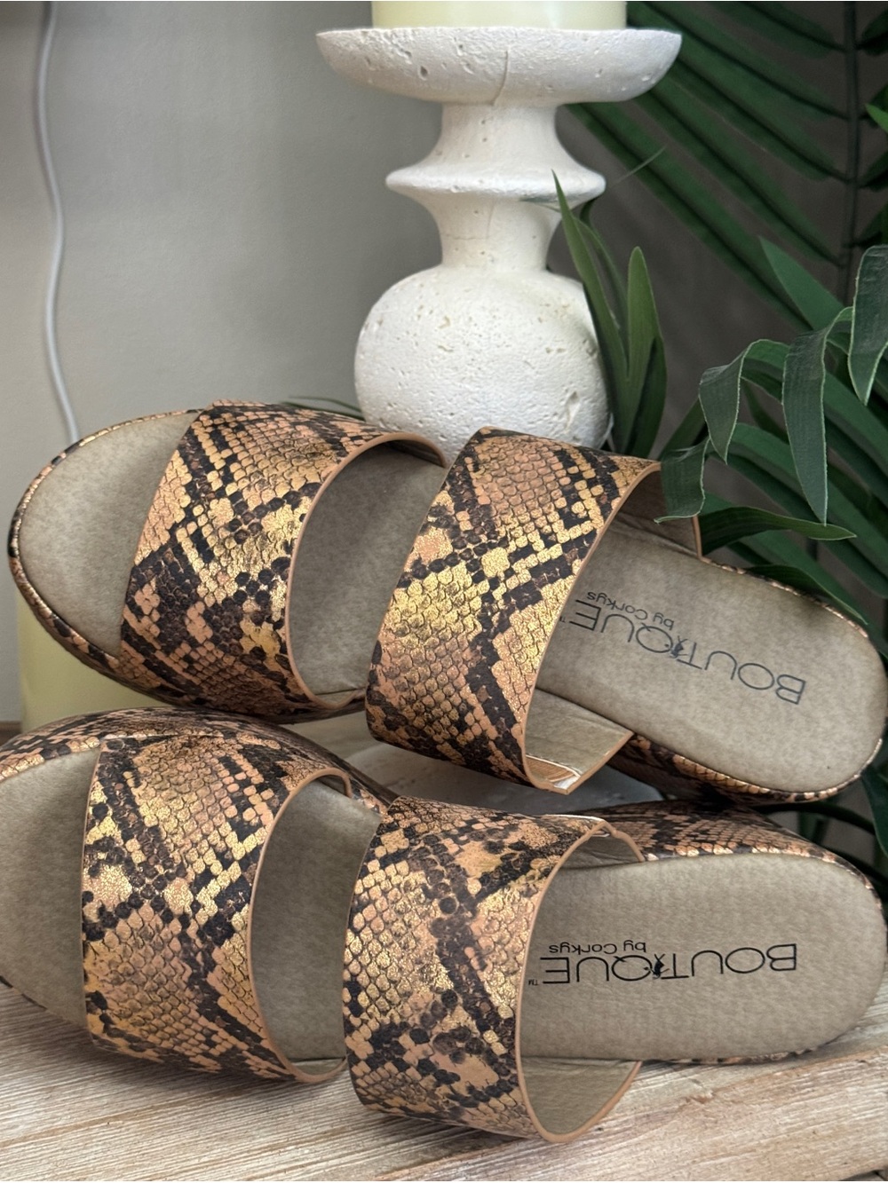 Snake Print Slide Sandals in Brown/Tan